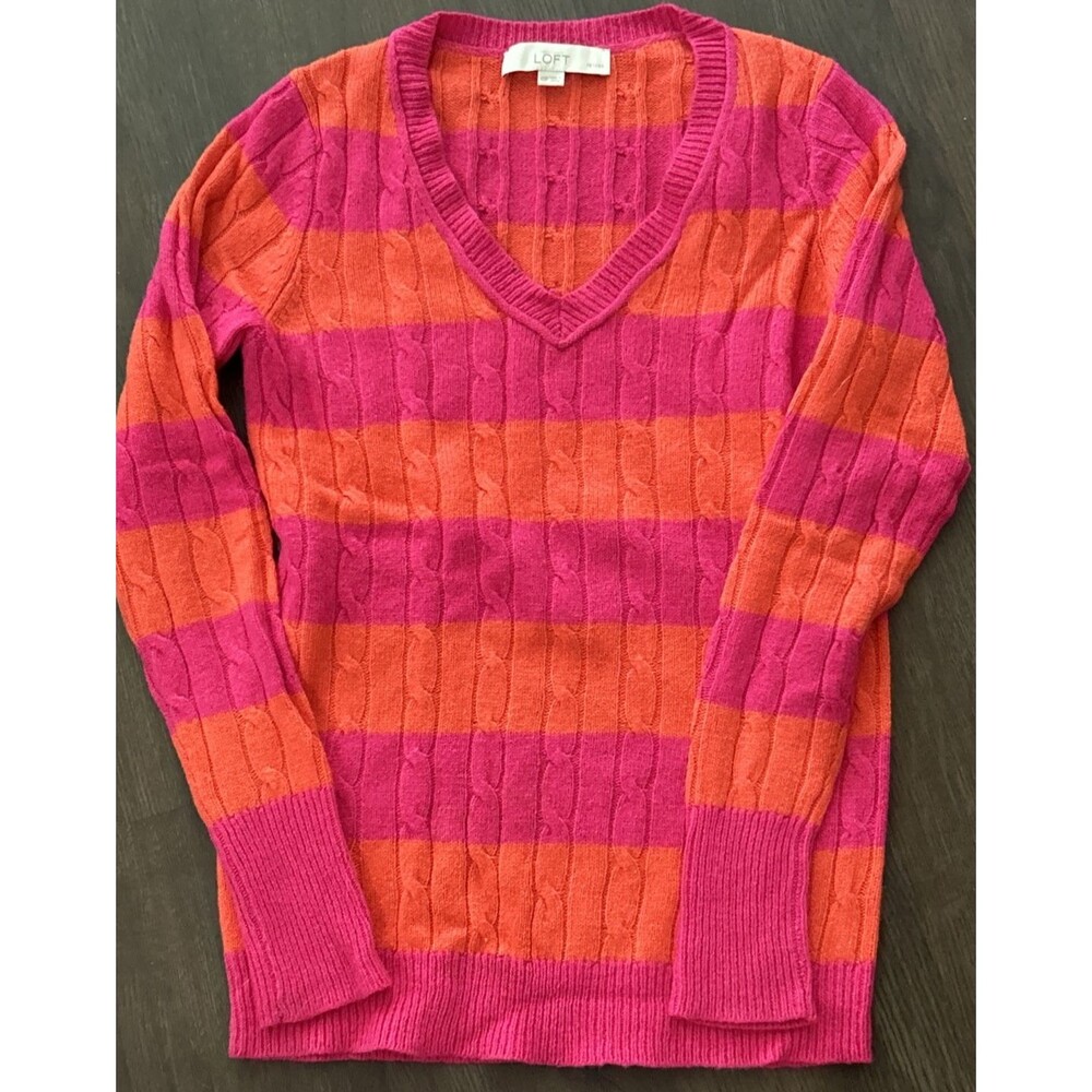 LOFT Sweater Womens XSP Petite Pink Orange Stripe Cable Knit V Neck Y2K